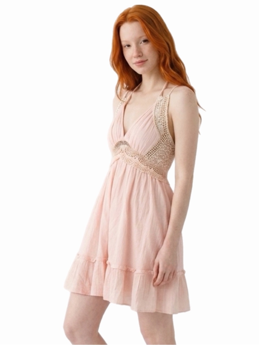 Y2K Vintage Embroidery Crochet Lace Babydoll Mini Dress (Peach) Size Small